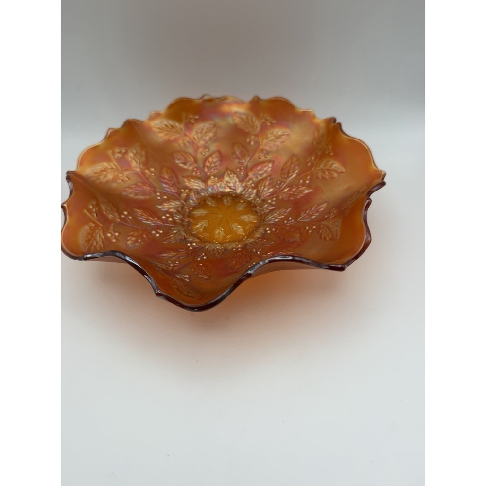 Fenton Holly Marigold Carnival Glass Ruffled Bowl 9" Iridescent Orange Gold